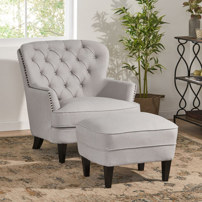 Modern light grey fabric club chair and Ottoman set, stylish cushioned armchair