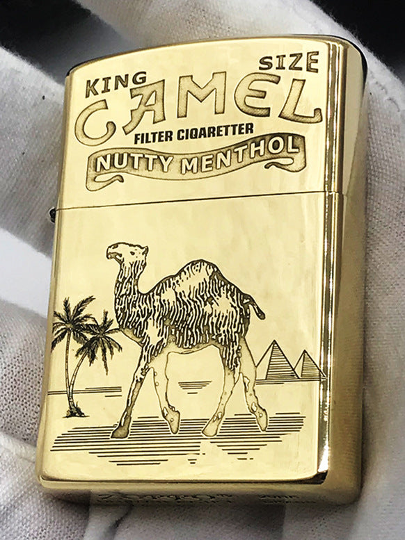 Brass Camel Kerosene Lighter Carved Retro Windproof Grinding Wheel Flip Cigarette Lighter