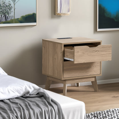 NORDICA bedside table with USB and Type-C charging station, drawer slide pre-installed with natural oak wood