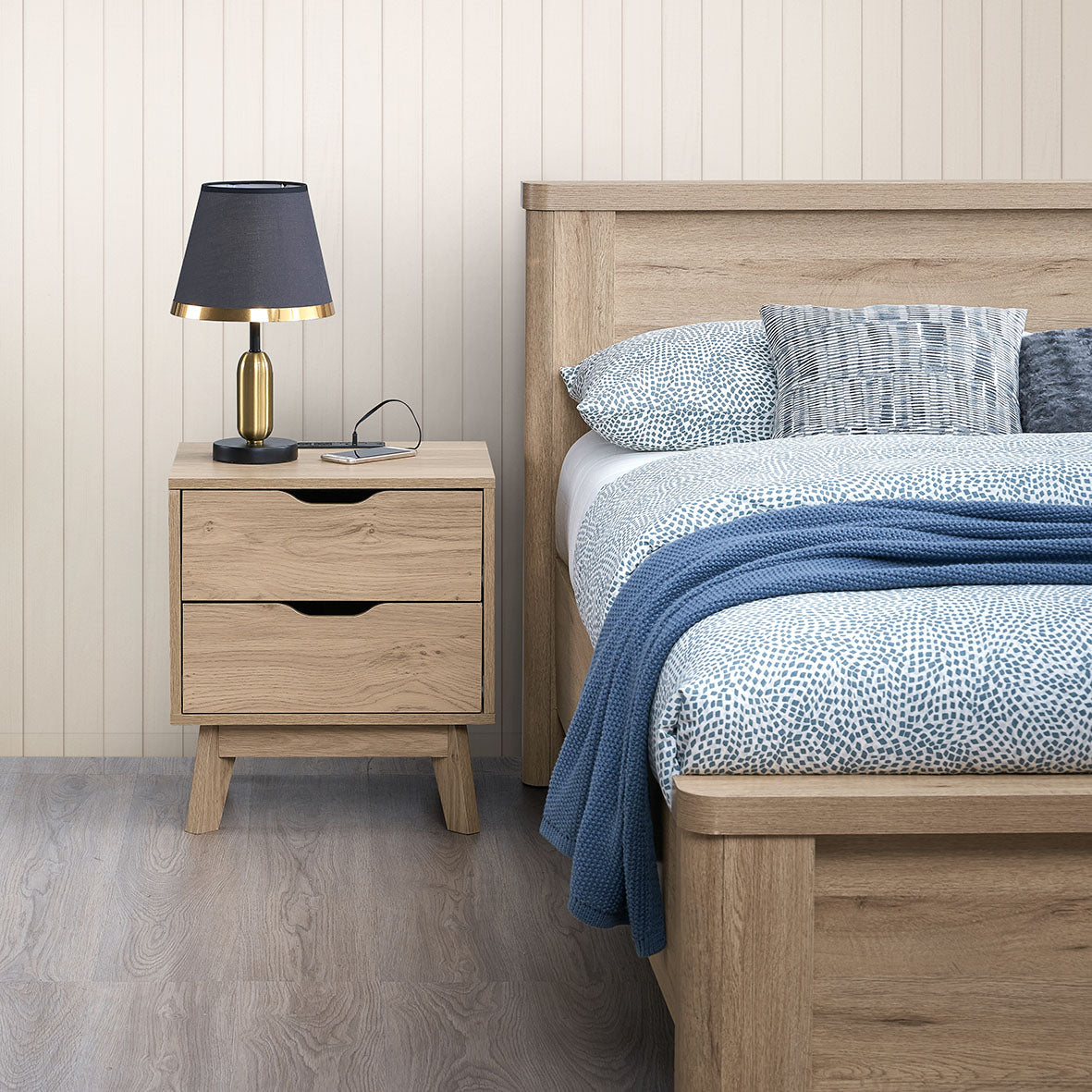 NORDICA bedside table with USB and Type-C charging station, drawer slide pre-installed with natural oak wood