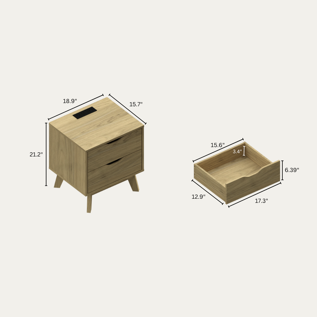 NORDICA bedside table with USB and Type-C charging station, drawer slide pre-installed with natural oak wood