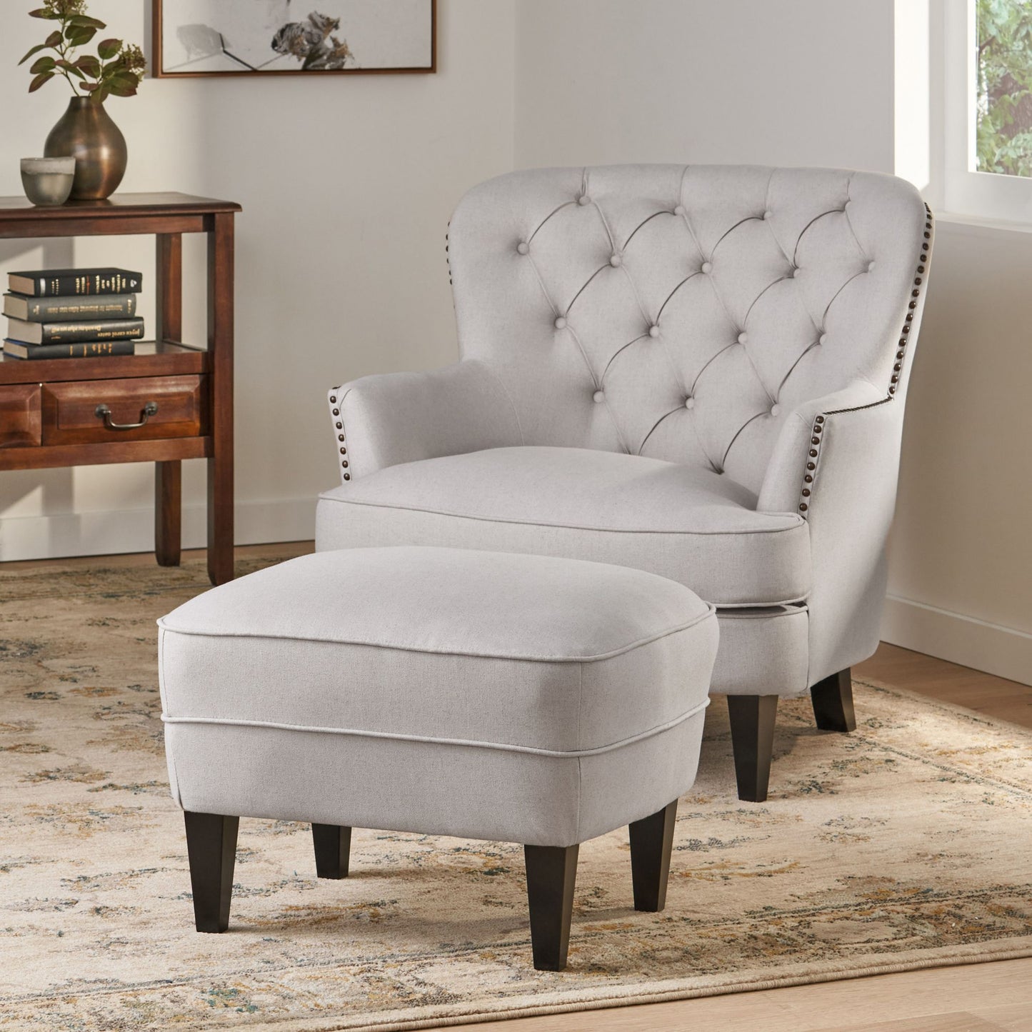 Modern light grey fabric club chair and Ottoman set, stylish cushioned armchair