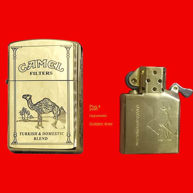 Brass Camel Kerosene Lighter Carved Retro Windproof Grinding Wheel Flip Cigarette Lighter