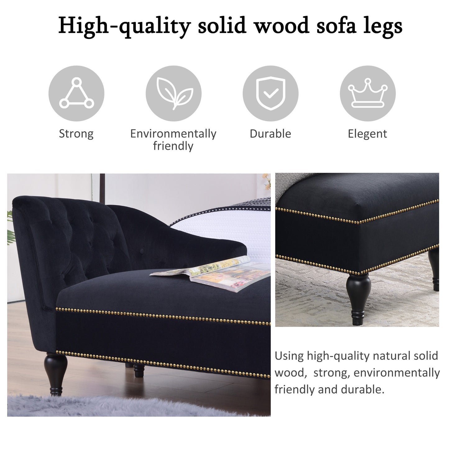 58 inch velvet lounge chair, right arm lounge chair with head decoration and solid wood legs