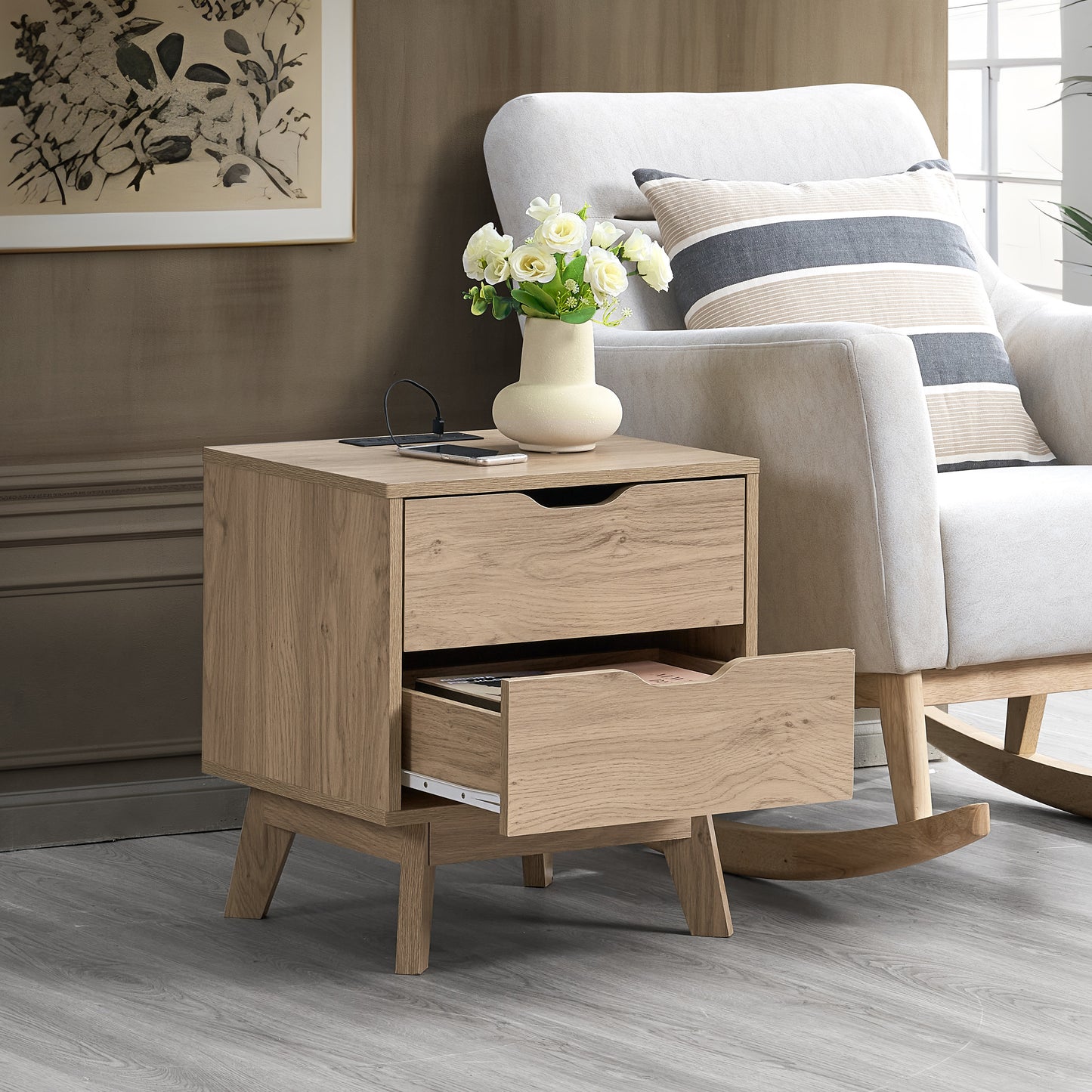 NORDICA bedside table with USB and Type-C charging station, drawer slide pre-installed with natural oak wood