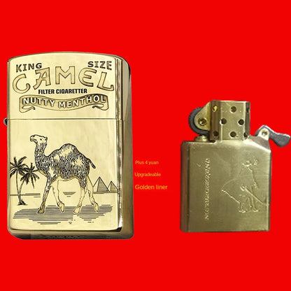 Brass Camel Kerosene Lighter Carved Retro Windproof Grinding Wheel Flip Cigarette Lighter