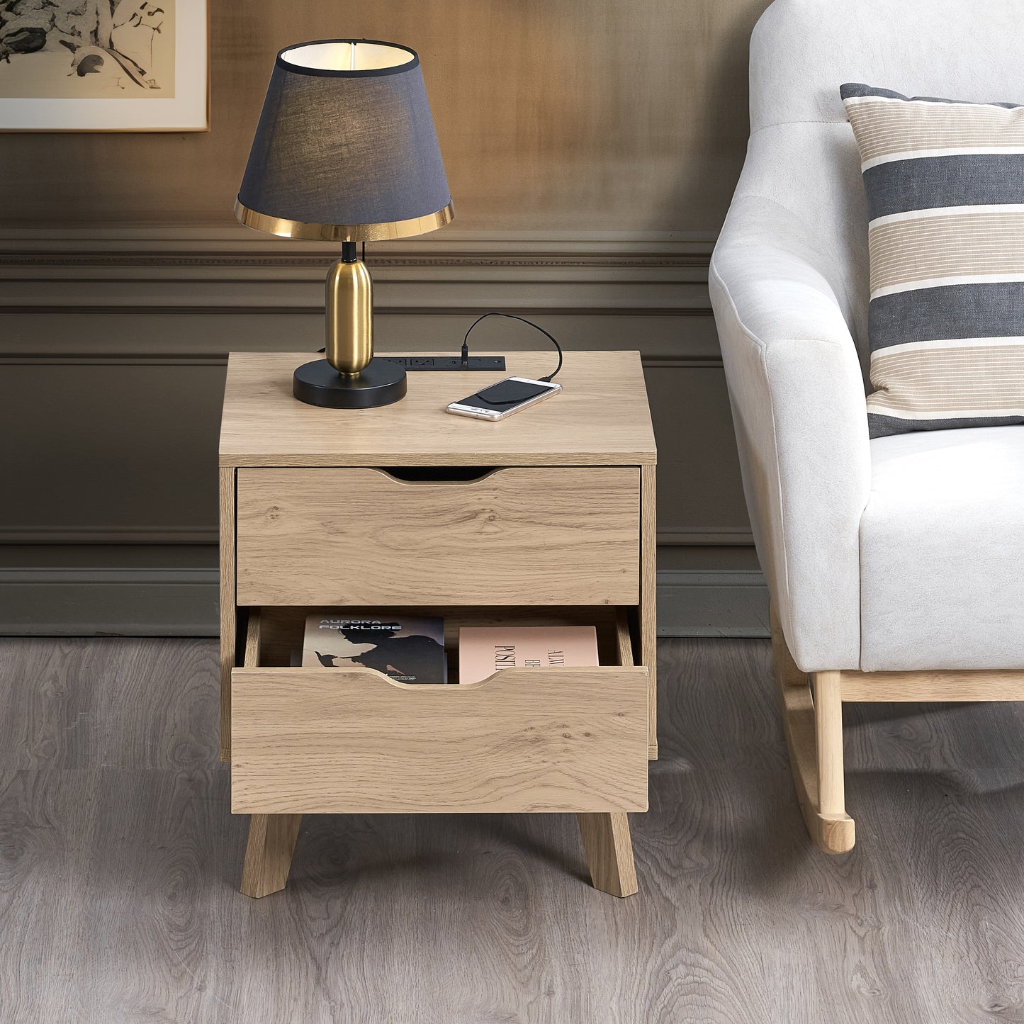 NORDICA bedside table with USB and Type-C charging station, drawer slide pre-installed with natural oak wood