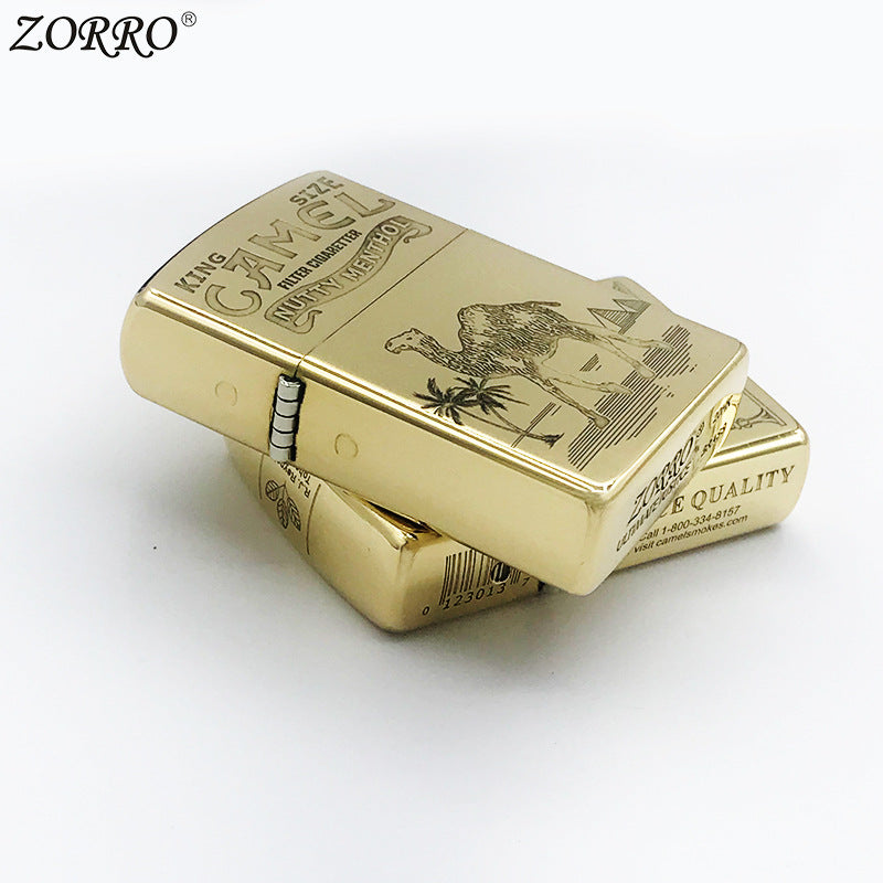 Brass Camel Kerosene Lighter Carved Retro Windproof Grinding Wheel Flip Cigarette Lighter