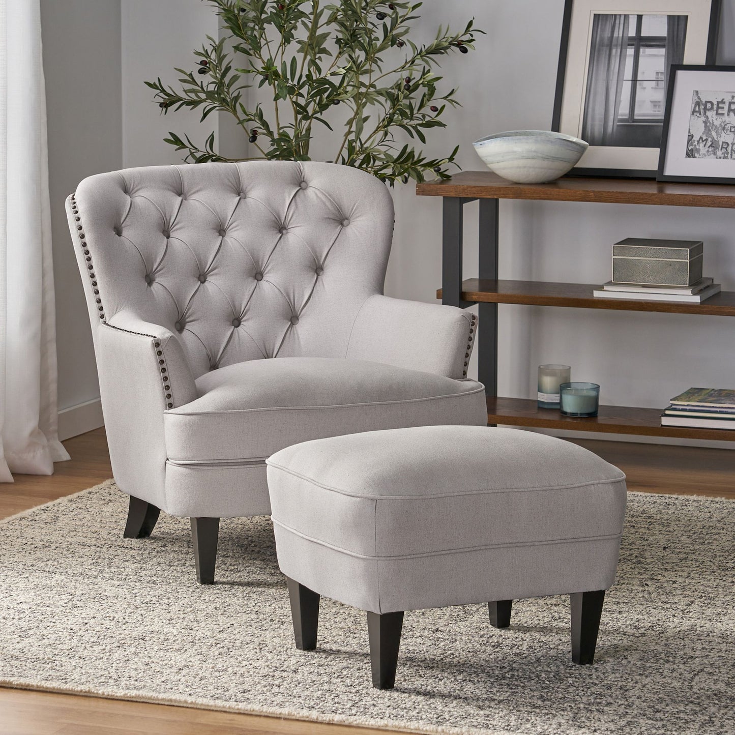 Modern light grey fabric club chair and Ottoman set, stylish cushioned armchair