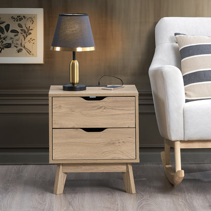 NORDICA bedside table with USB and Type-C charging station, drawer slide pre-installed with natural oak wood