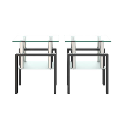 Set of 2, Modern Tempered Glass Tea Table Coffee Table End Table, Square Table for Living Room, Transparent/Black