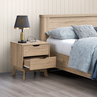 NORDICA bedside table with USB and Type-C charging station, drawer slide pre-installed with natural oak wood