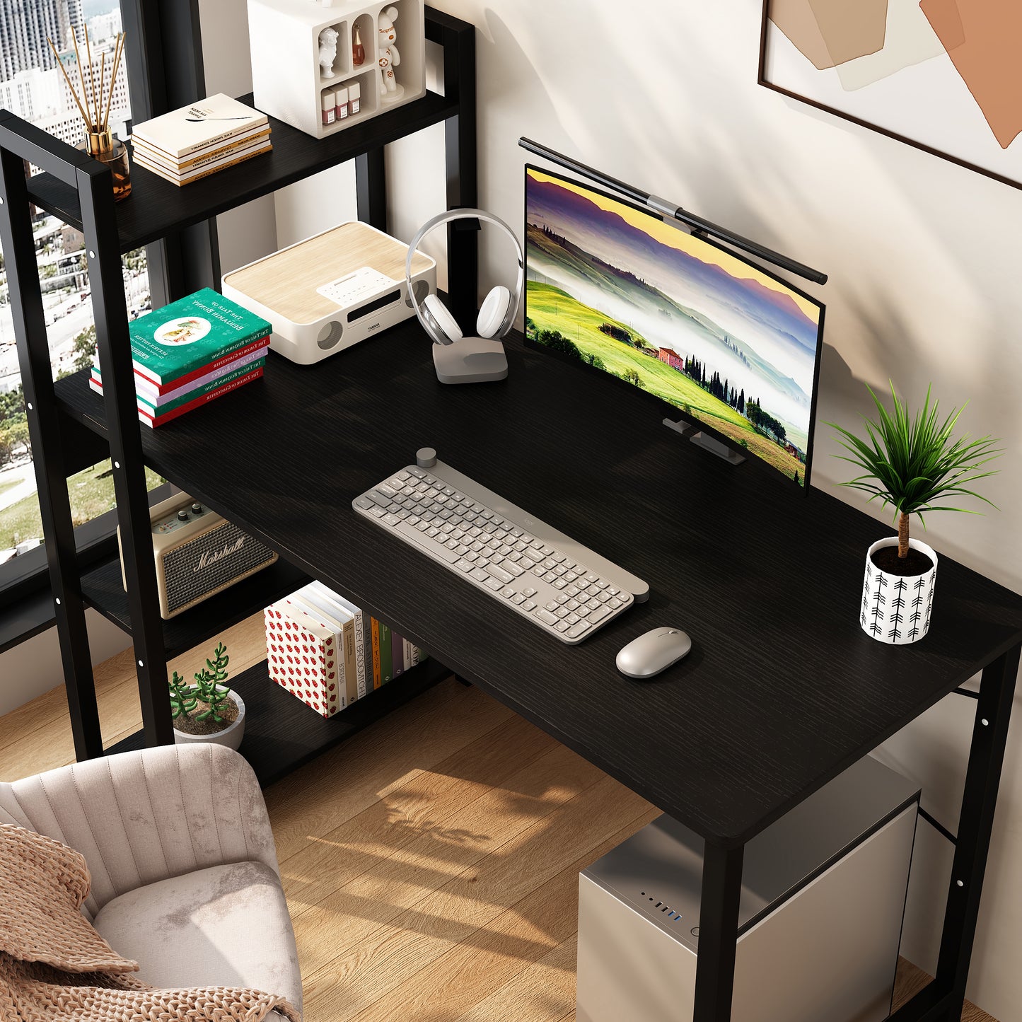 Bedroom desk, steel frame, computer student desk with 4 storage shelves metal and wood