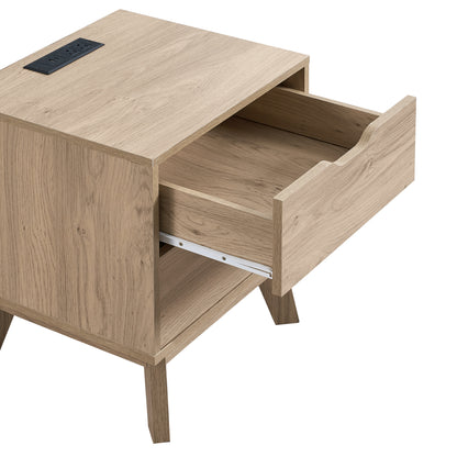 NORDICA bedside table with USB and Type-C charging station, drawer slide pre-installed with natural oak wood