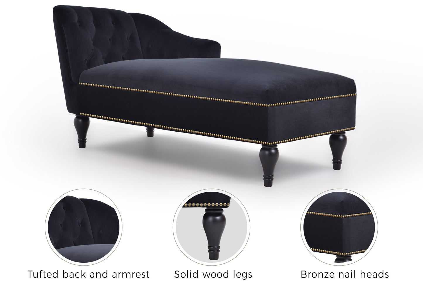 58 inch velvet lounge chair, right arm lounge chair with head decoration and solid wood legs